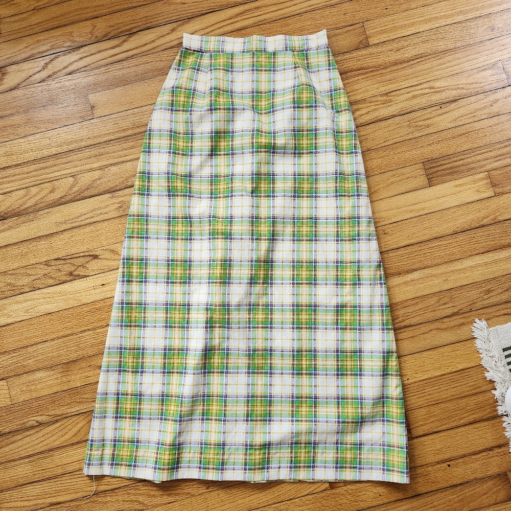 Vintage 1960s 1970s Floor Length Plaid Maxi Skirt in Blue Red Green Yellow